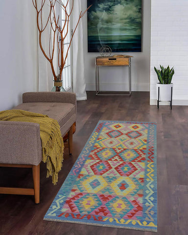 handmade Geometric Kilim Red Blue Hand-Woven RUNNER 100% WOOL area rug 3 x 6