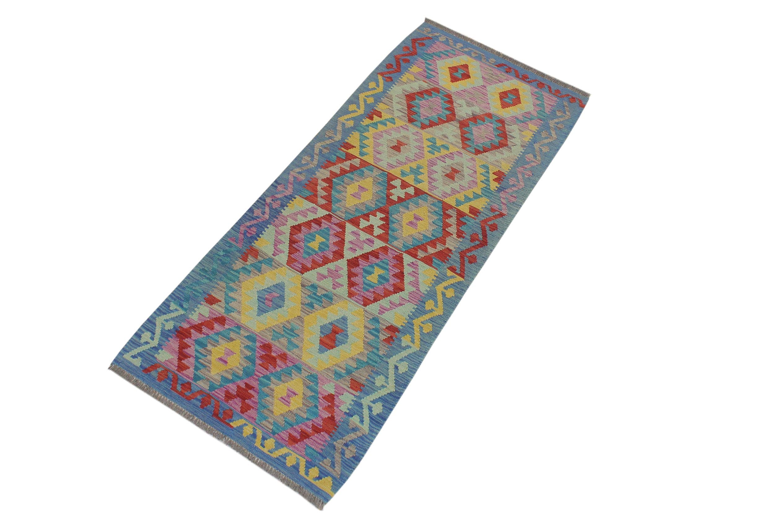 handmade Geometric Kilim Red Blue Hand-Woven RUNNER 100% WOOL area rug 3 x 6