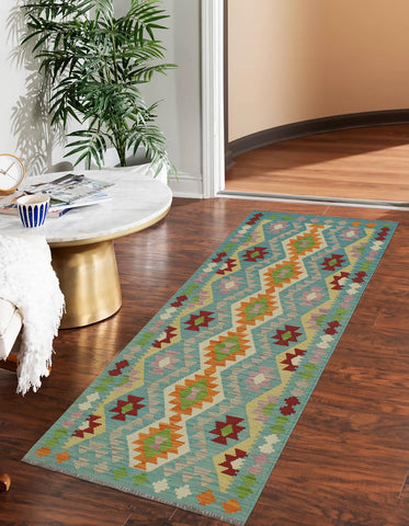 handmade Geometric Kilim Blue Red Hand-Woven RUNNER 100% WOOL area rug 3' x 6'