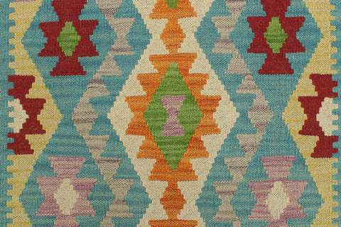 handmade Geometric Kilim Blue Red Hand-Woven RUNNER 100% WOOL area rug 3' x 6'