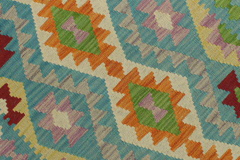 handmade Geometric Kilim Blue Red Hand-Woven RUNNER 100% WOOL area rug 3' x 6'