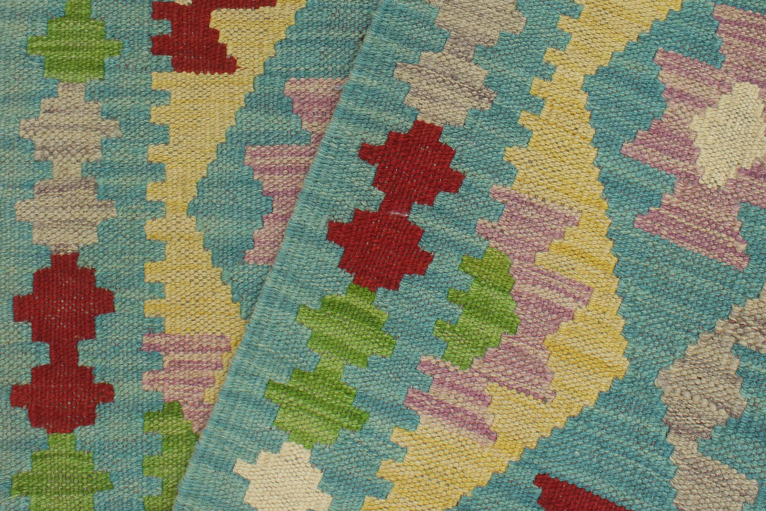 handmade Geometric Kilim Blue Red Hand-Woven RUNNER 100% WOOL area rug 3' x 6'