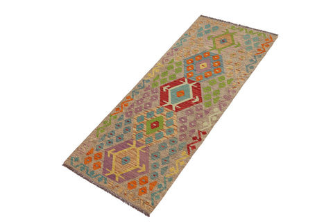 handmade Geometric Kilim Brown Blue Hand-Woven RUNNER 100% WOOL area rug 3' x 6'