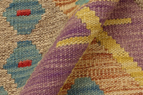 handmade Geometric Kilim Brown Blue Hand-Woven RUNNER 100% WOOL area rug 3' x 6'