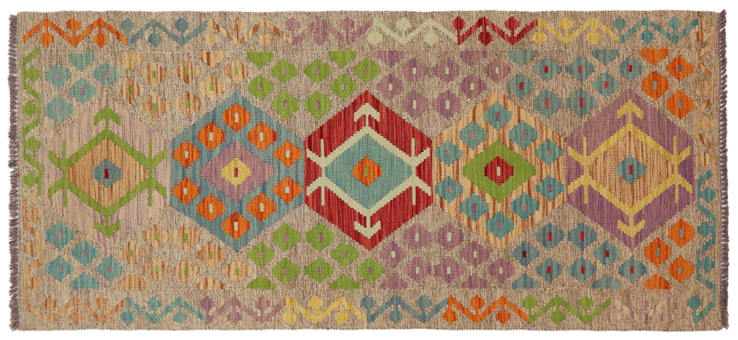 handmade Geometric Kilim Brown Blue Hand-Woven RUNNER 100% WOOL area rug 3' x 6'