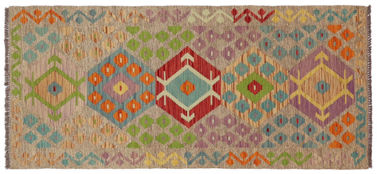 handmade Geometric Kilim Brown Blue Hand-Woven RUNNER 100% WOOL area rug 3' x 6'