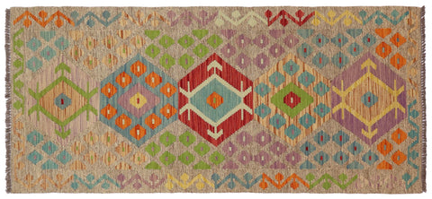 handmade Geometric Kilim Brown Blue Hand-Woven RUNNER 100% WOOL area rug 3' x 6'