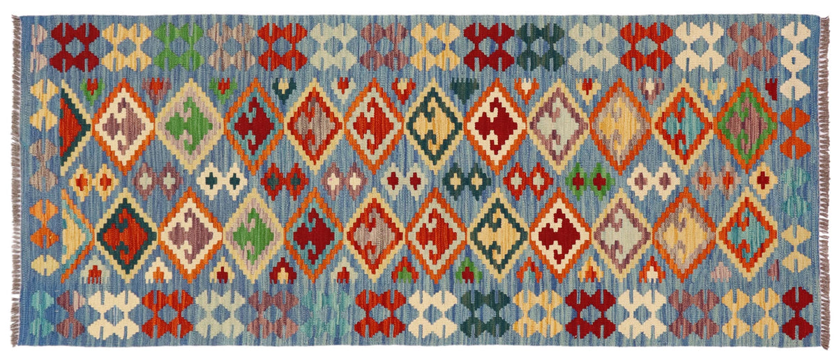 handmade Geometric Kilim Blue Rust Hand-Woven RUNNER 100% WOOL area rug 3 x 7