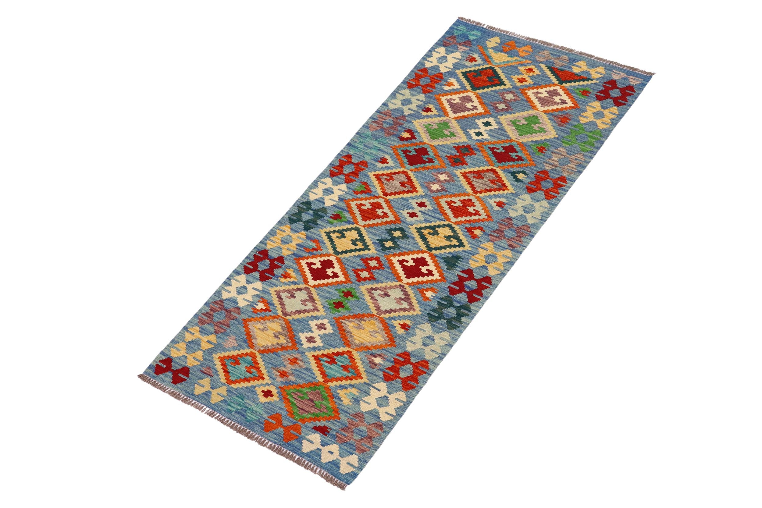 handmade Geometric Kilim Blue Rust Hand-Woven RUNNER 100% WOOL area rug 3 x 7