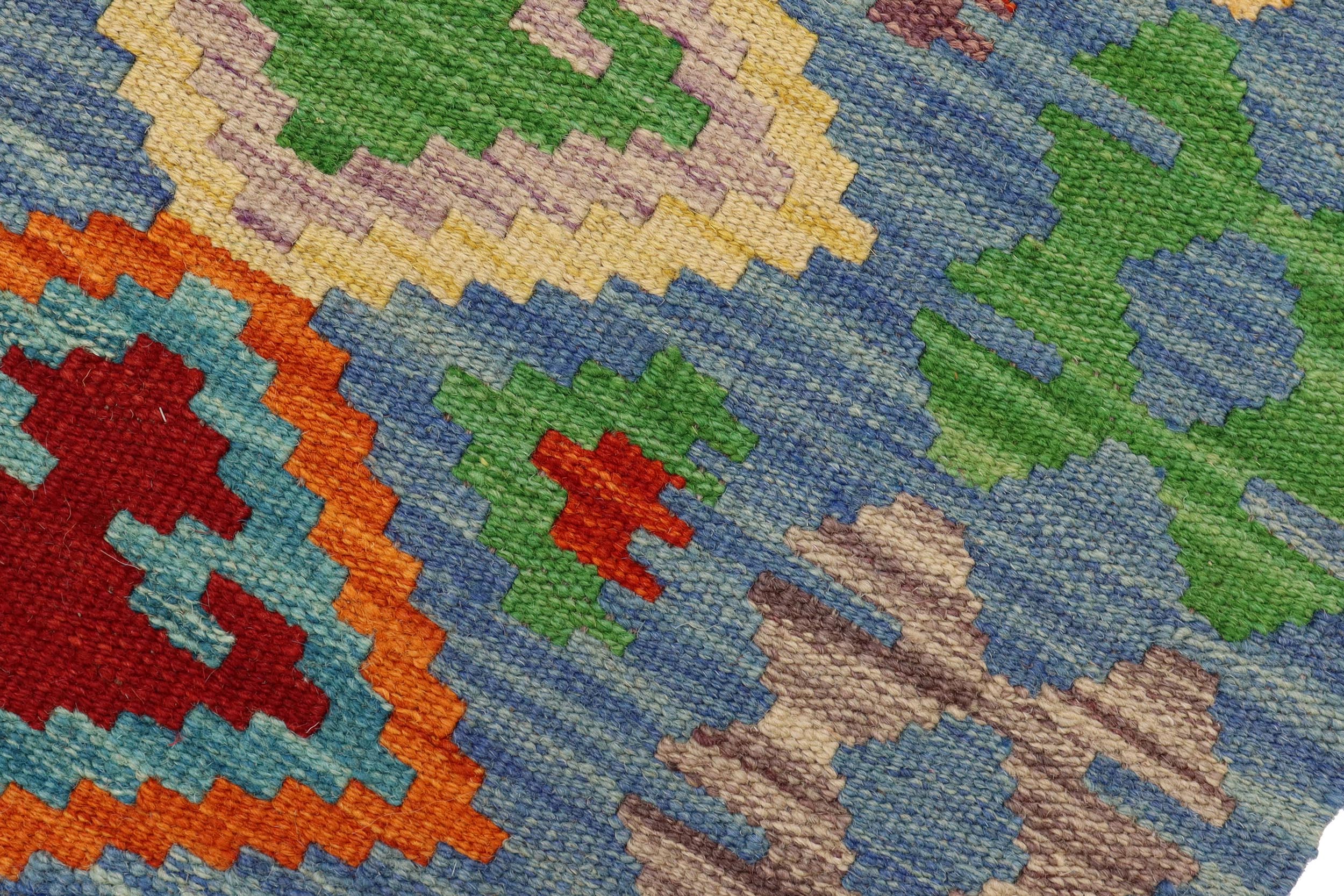 handmade Geometric Kilim Blue Rust Hand-Woven RUNNER 100% WOOL area rug 3 x 7