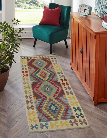 handmade Geometric Kilim Blue Beige Hand-Woven RUNNER 100% WOOL area rug 3' x 6'