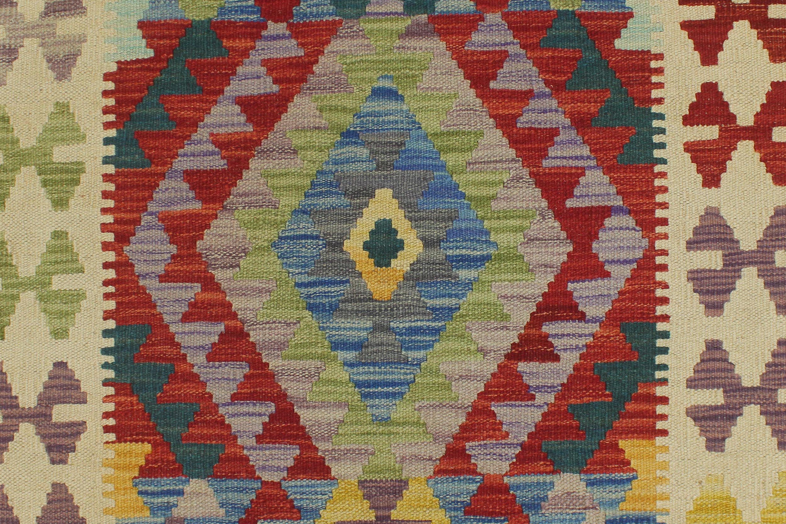 handmade Geometric Kilim Blue Beige Hand-Woven RUNNER 100% WOOL area rug 3' x 6'