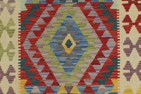 handmade Geometric Kilim Blue Beige Hand-Woven RUNNER 100% WOOL area rug 3' x 6'