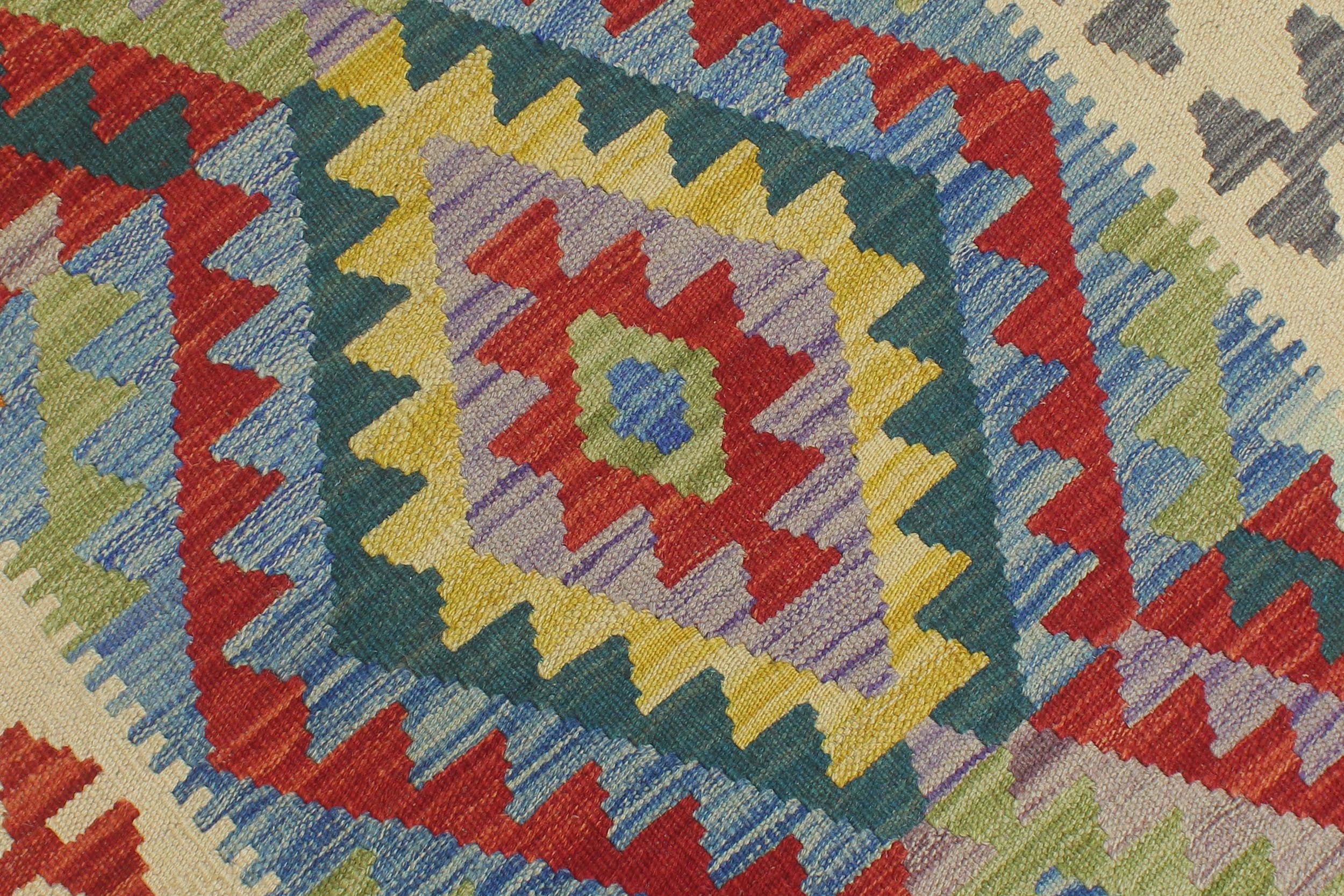 handmade Geometric Kilim Blue Beige Hand-Woven RUNNER 100% WOOL area rug 3' x 6'