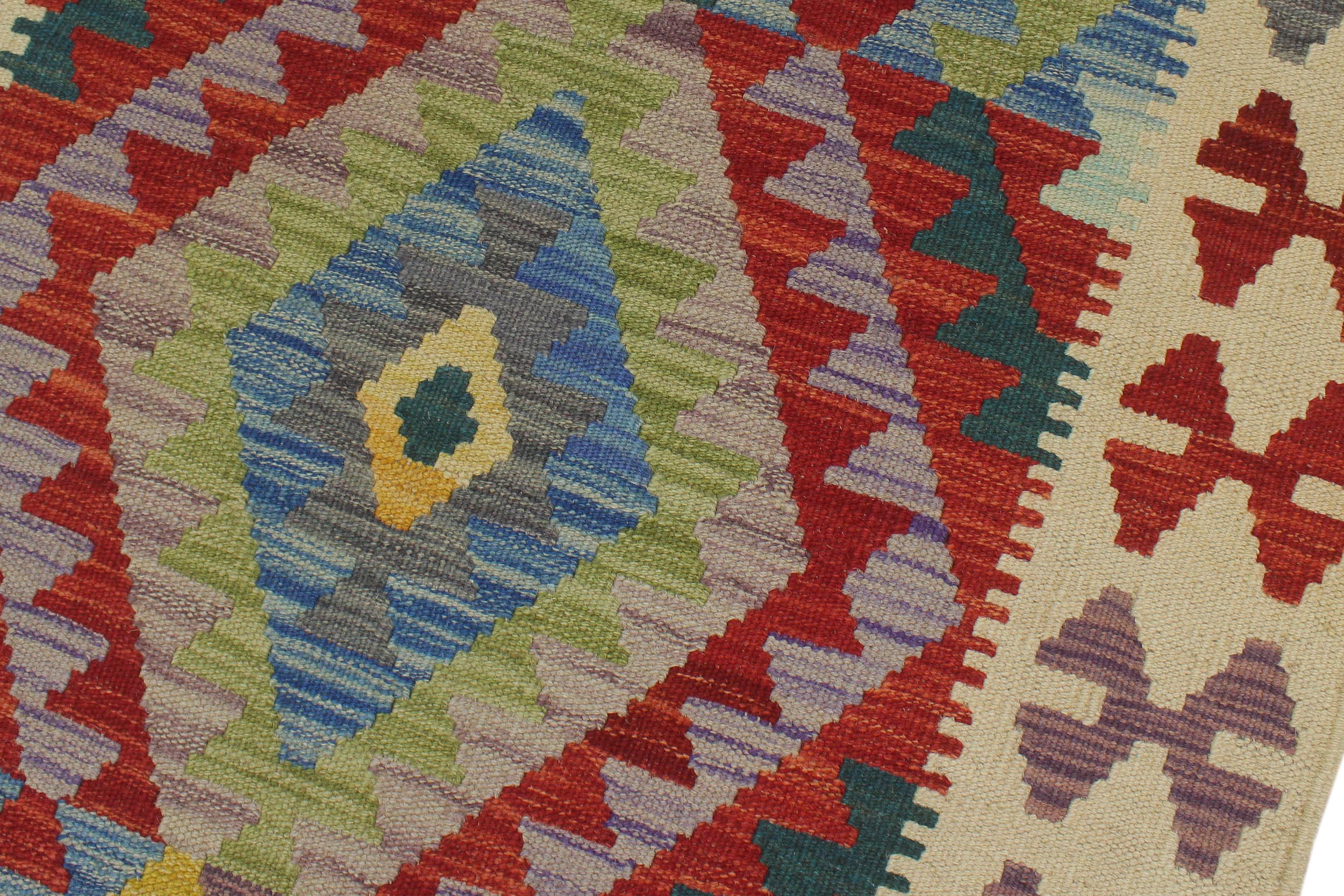 handmade Geometric Kilim Blue Beige Hand-Woven RUNNER 100% WOOL area rug 3' x 6'