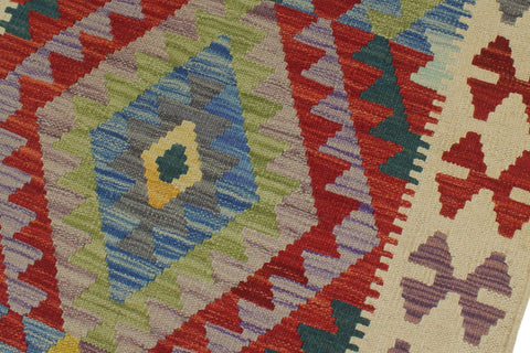 handmade Geometric Kilim Blue Beige Hand-Woven RUNNER 100% WOOL area rug 3' x 6'