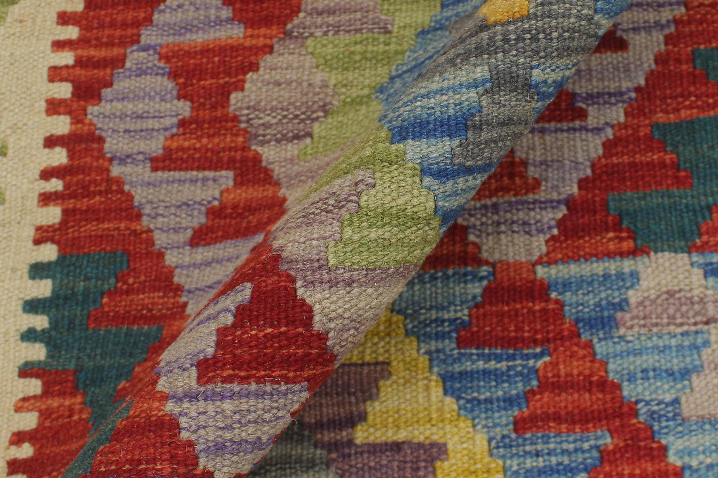 handmade Geometric Kilim Blue Beige Hand-Woven RUNNER 100% WOOL area rug 3' x 6'