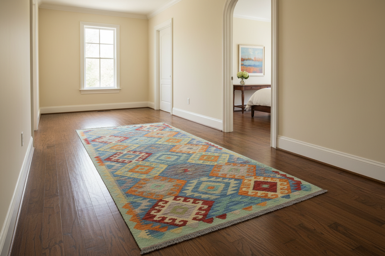 handmade Geometric Kilim Blue Orange Hand-Woven RUNNER 100% WOOL area rug 3 x 7