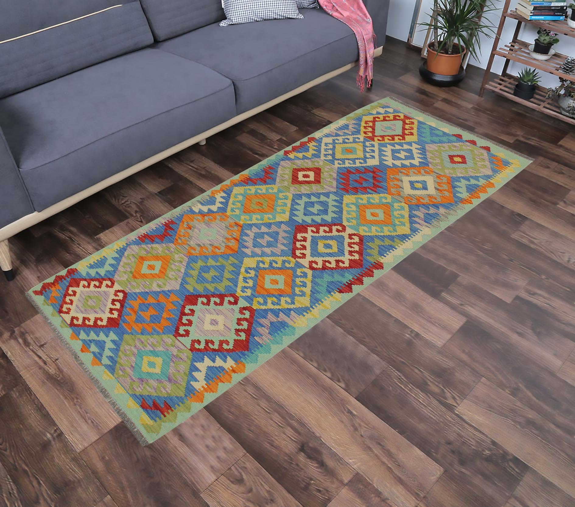 handmade Geometric Kilim Blue Orange Hand-Woven RUNNER 100% WOOL area rug 3 x 7