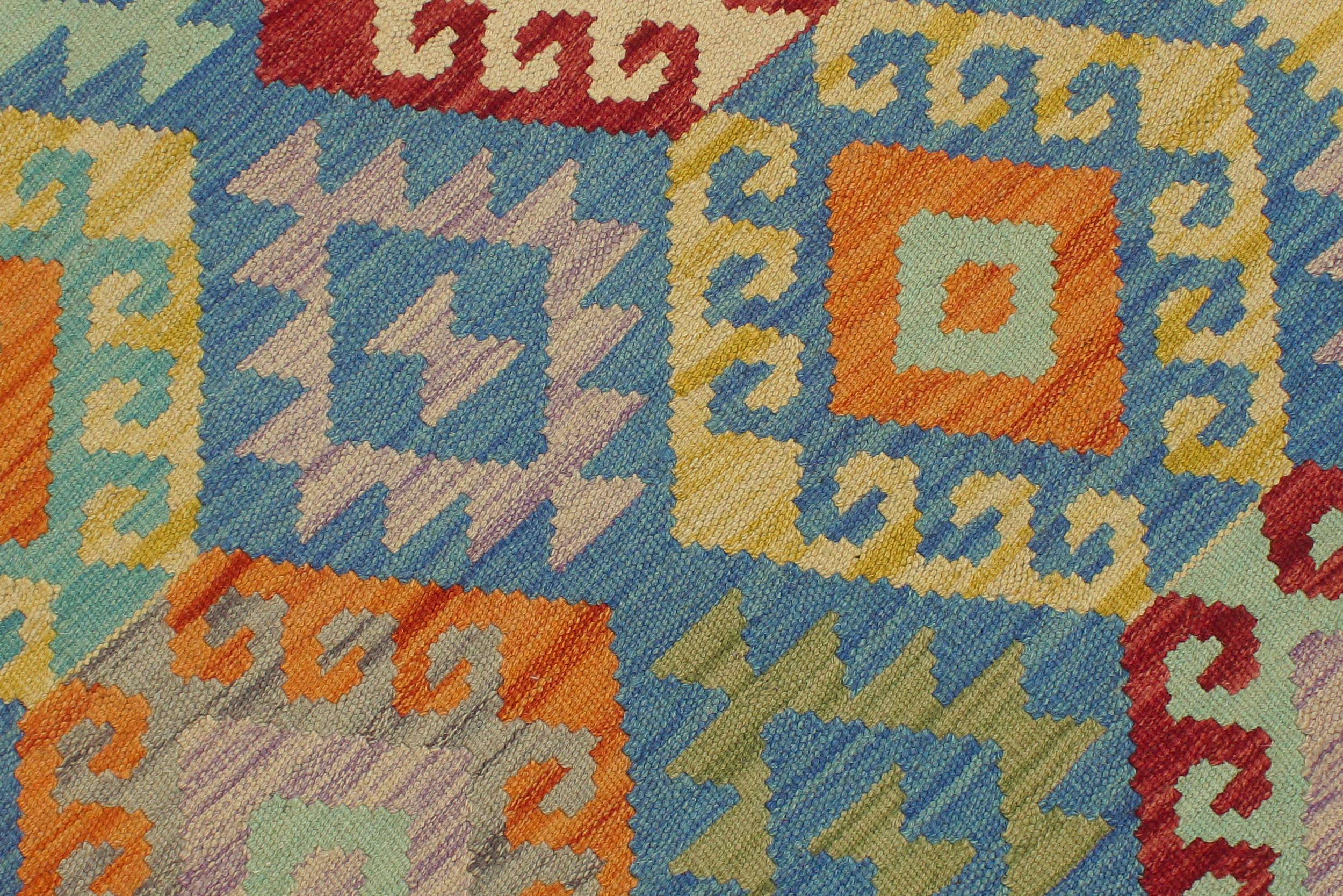 handmade Geometric Kilim Blue Orange Hand-Woven RUNNER 100% WOOL area rug 3 x 7