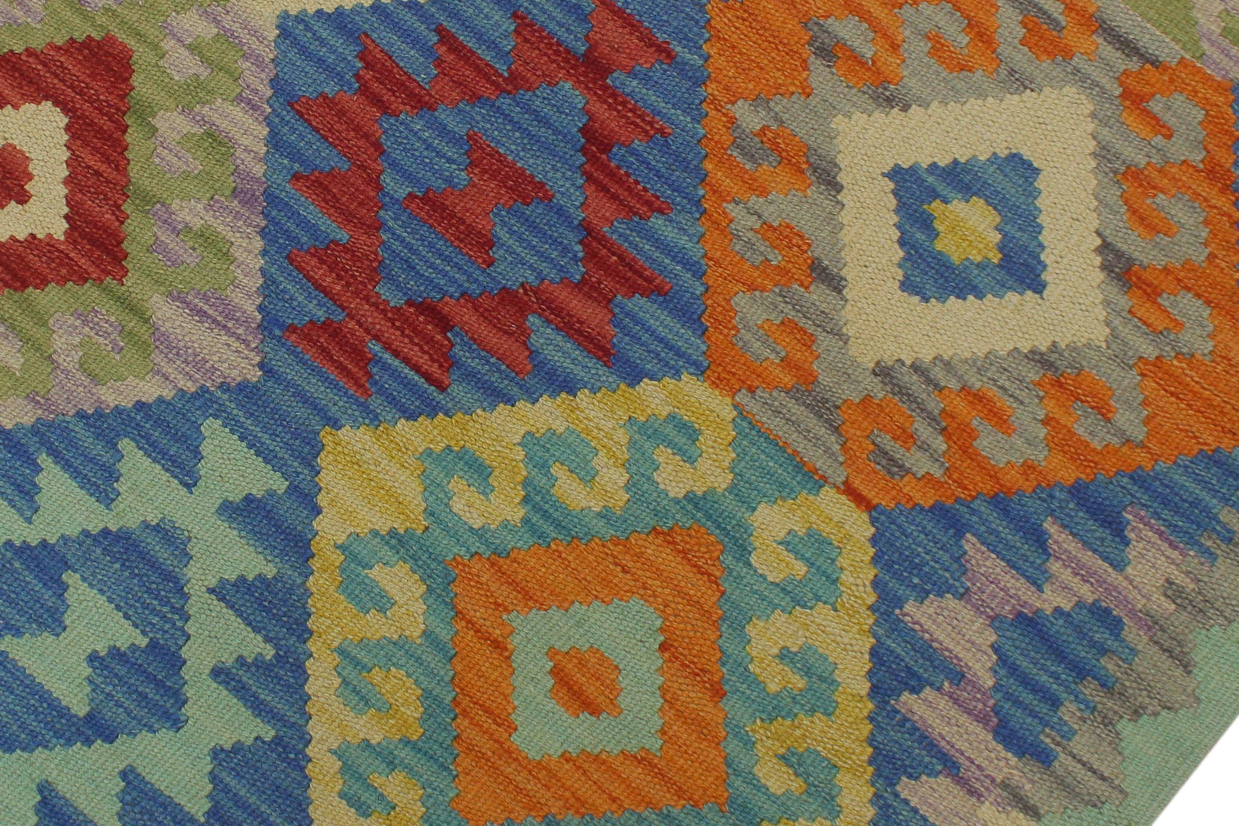 handmade Geometric Kilim Blue Orange Hand-Woven RUNNER 100% WOOL area rug 3 x 7