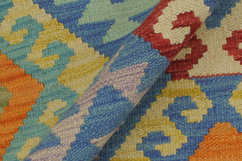 handmade Geometric Kilim Blue Orange Hand-Woven RUNNER 100% WOOL area rug 3 x 7