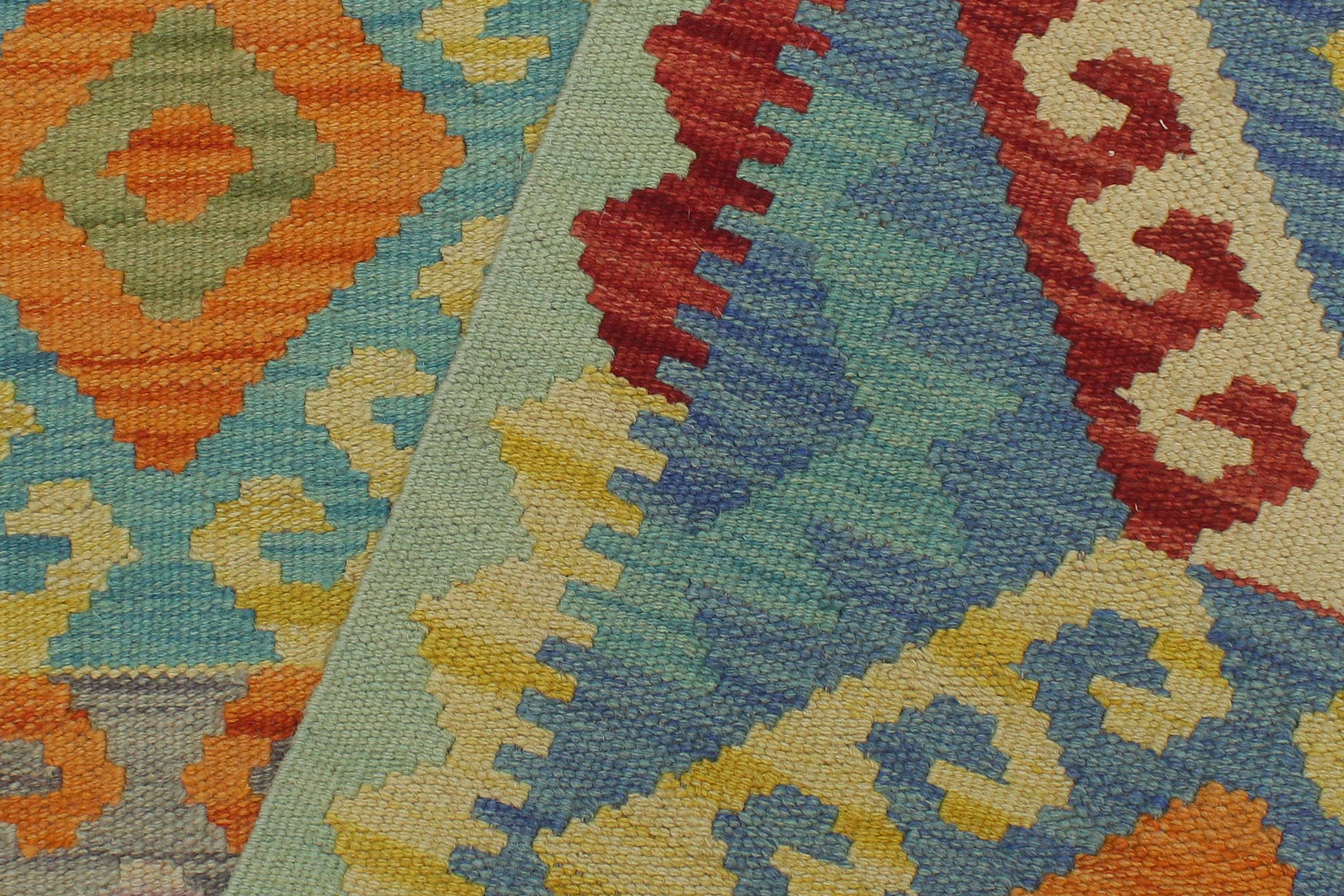 handmade Geometric Kilim Blue Orange Hand-Woven RUNNER 100% WOOL area rug 3 x 7
