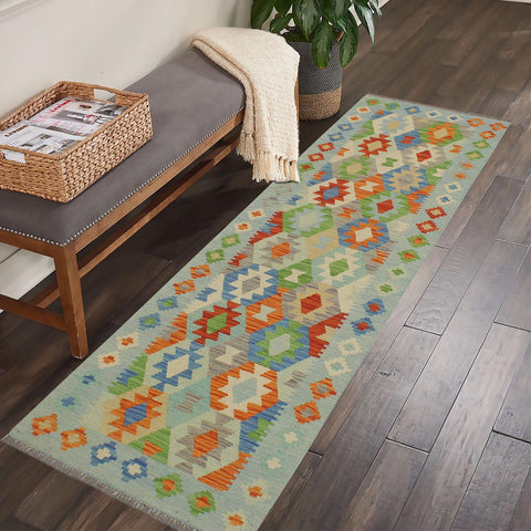 handmade Geometric Kilim Rust Blue Hand-Woven RUNNER 100% WOOL area rug 3 x 6