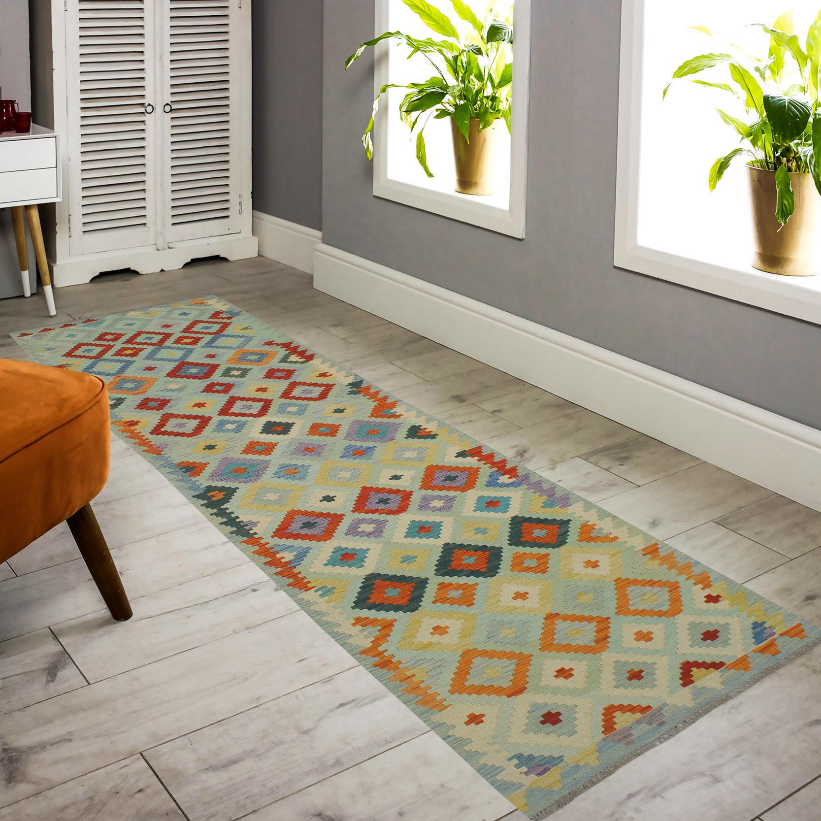 handmade Geometric Kilim Blue Rust Hand-Woven RUNNER 100% WOOL area rug 3 x 10