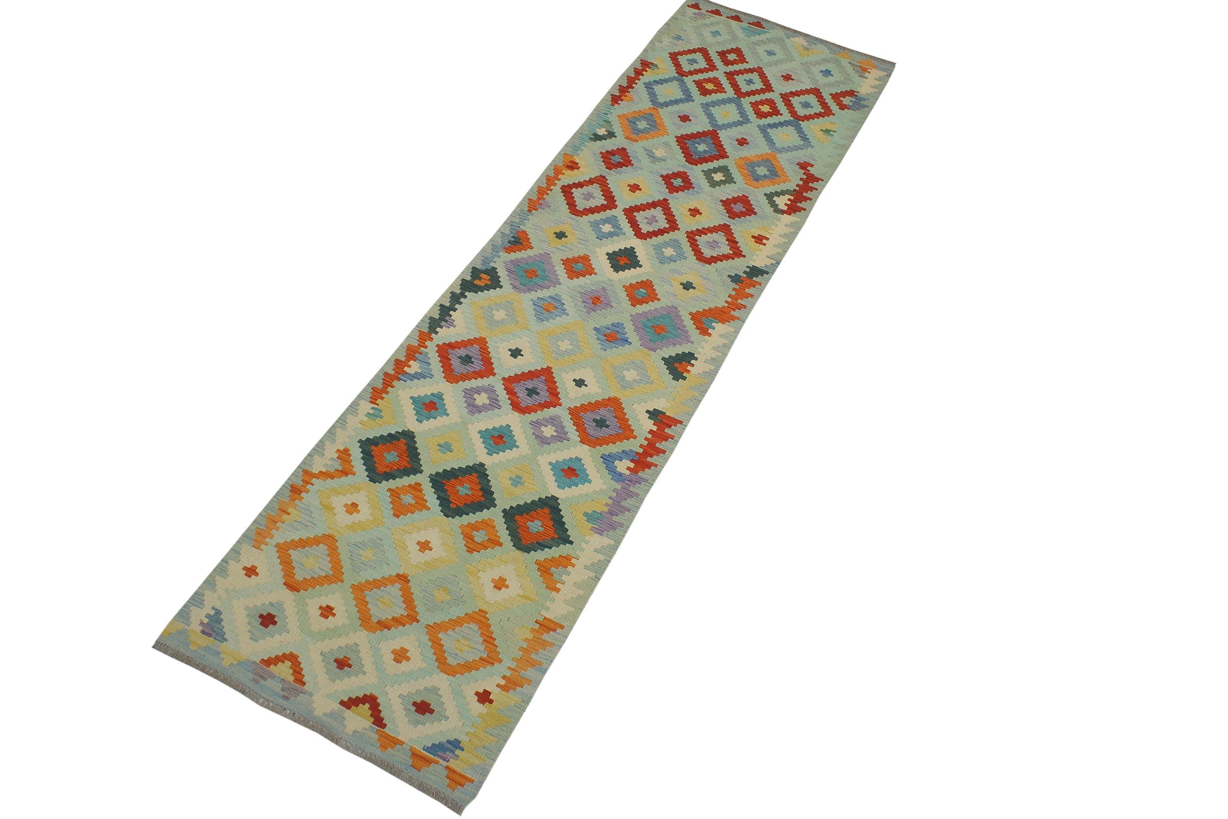 handmade Geometric Kilim Blue Rust Hand-Woven RUNNER 100% WOOL area rug 3 x 10