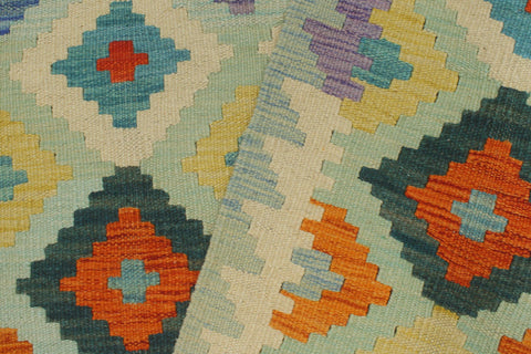 handmade Geometric Kilim Blue Rust Hand-Woven RUNNER 100% WOOL area rug 3 x 10