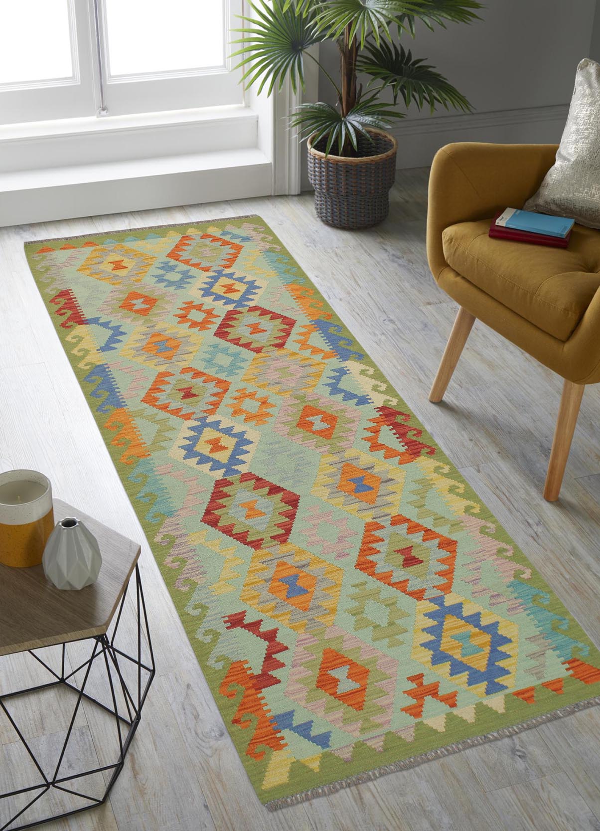 handmade Geometric Kilim Blue Green Hand-Woven RUNNER 100% WOOL area rug 3 x 7