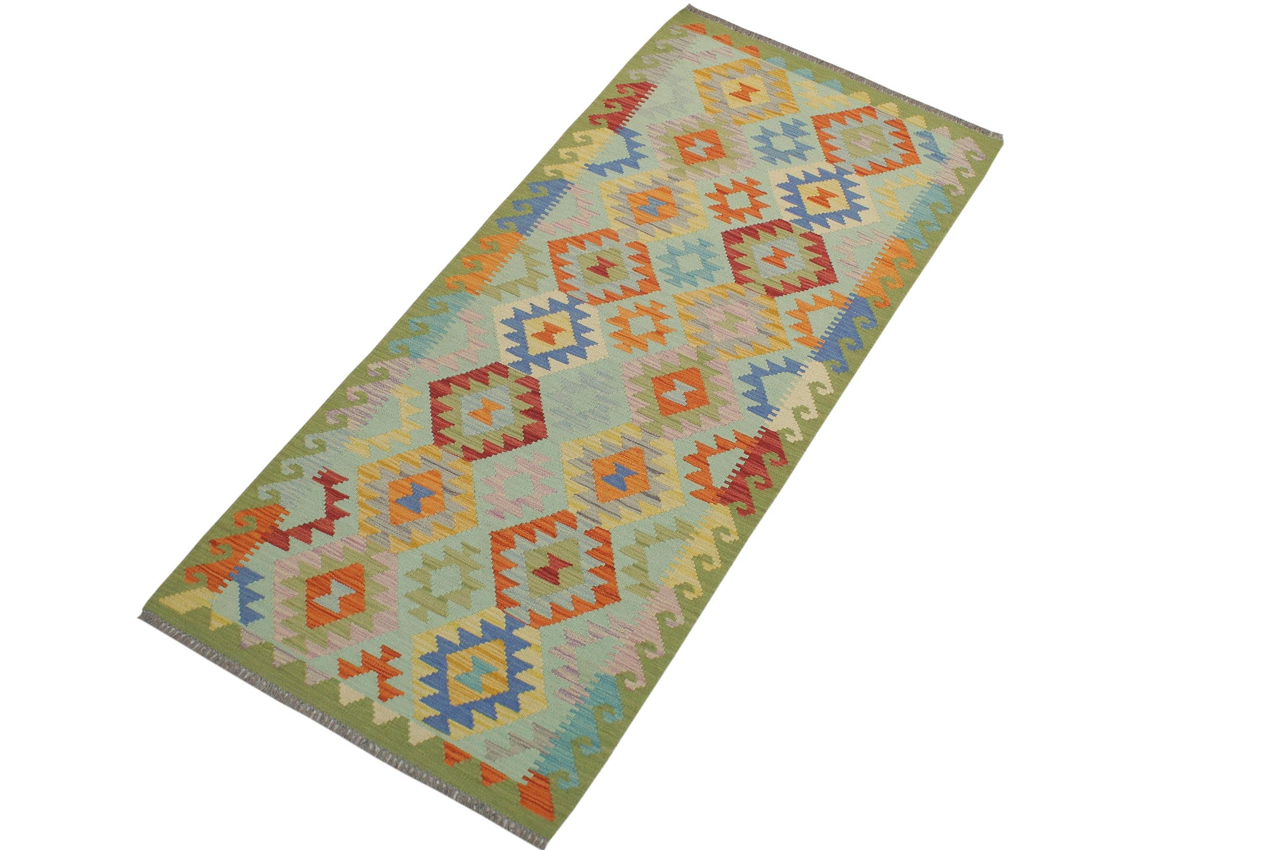 handmade Geometric Kilim Blue Green Hand-Woven RUNNER 100% WOOL area rug 3 x 7