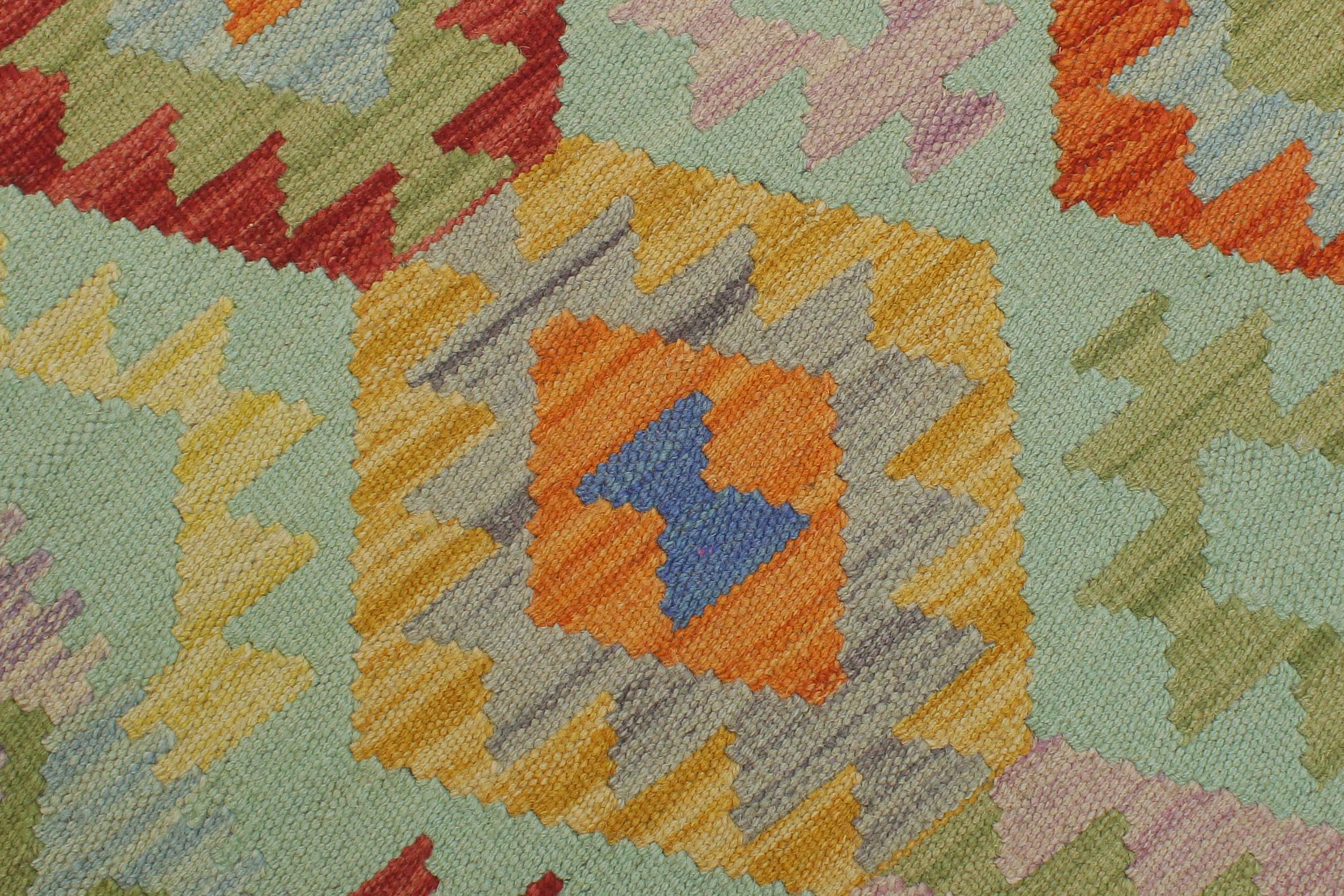 handmade Geometric Kilim Blue Green Hand-Woven RUNNER 100% WOOL area rug 3 x 7