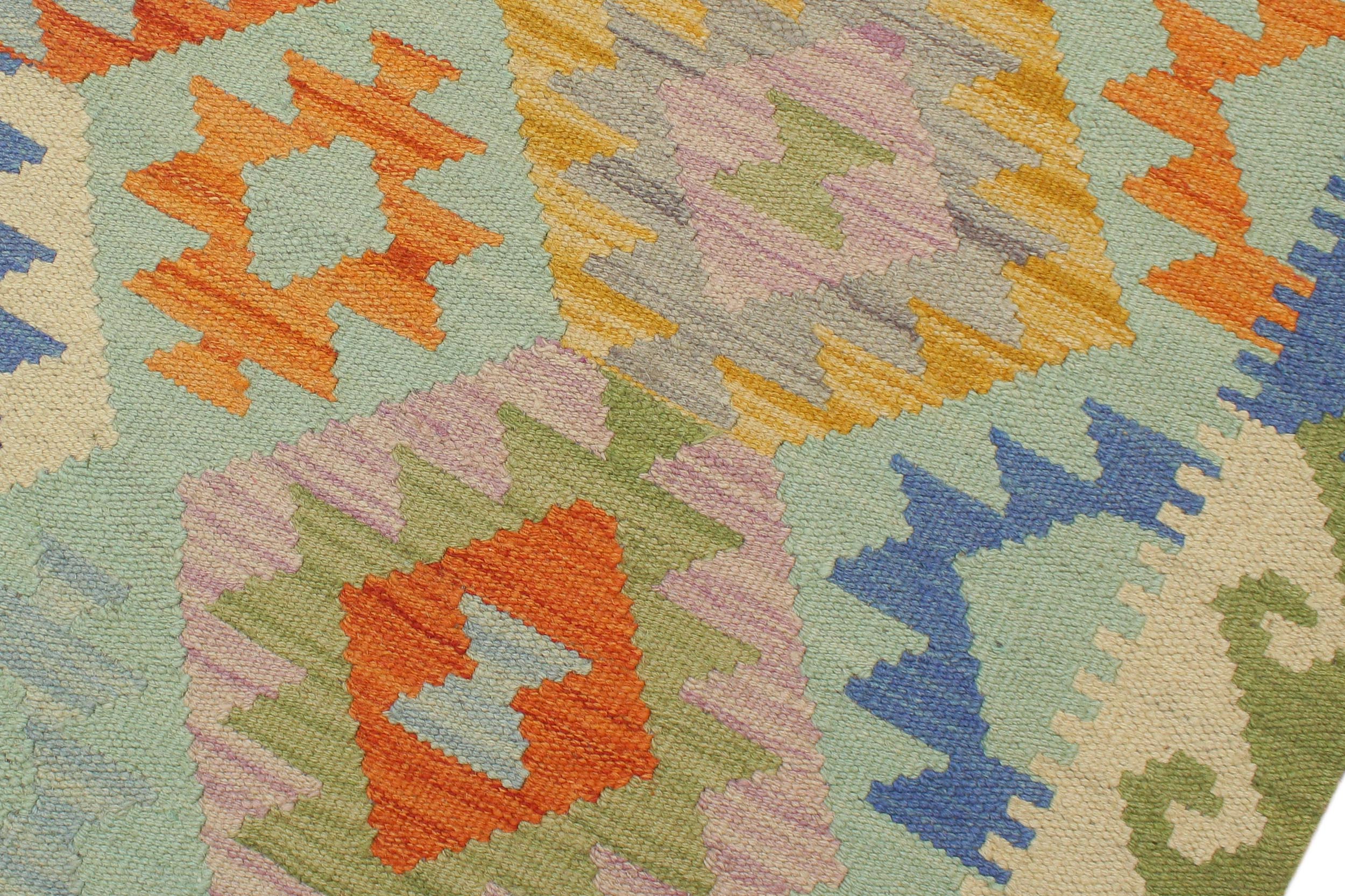 handmade Geometric Kilim Blue Green Hand-Woven RUNNER 100% WOOL area rug 3 x 7