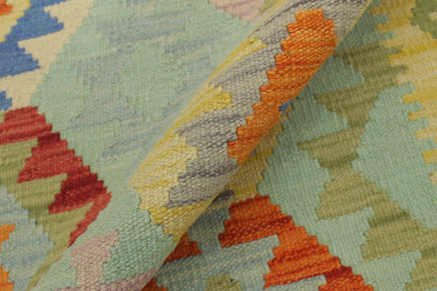 handmade Geometric Kilim Blue Green Hand-Woven RUNNER 100% WOOL area rug 3 x 7