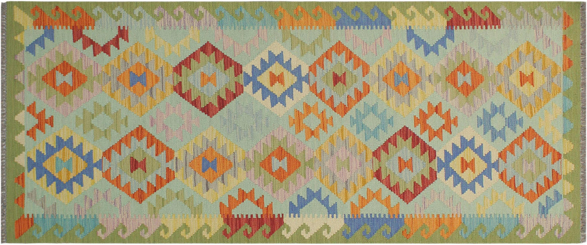 handmade Geometric Kilim Blue Green Hand-Woven RUNNER 100% WOOL area rug 3 x 7