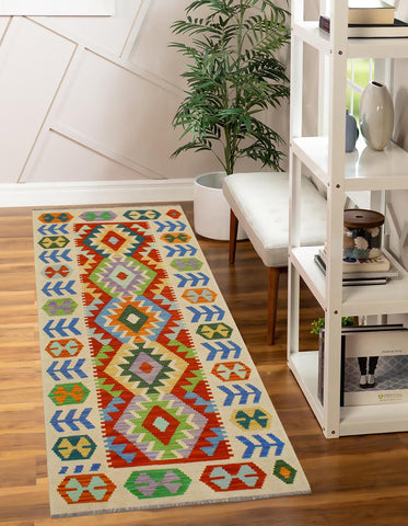 handmade Geometric Kilim Rust Beige Hand-Woven RUNNER 100% WOOL area rug 3' x 7'