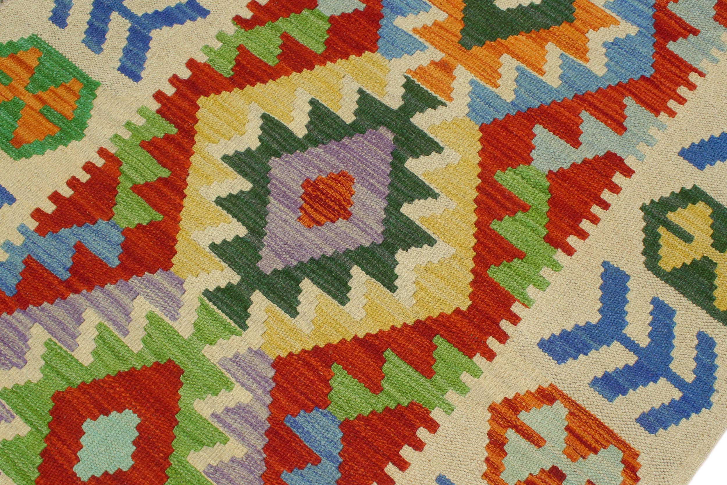 handmade Geometric Kilim Rust Beige Hand-Woven RUNNER 100% WOOL area rug 3' x 7'