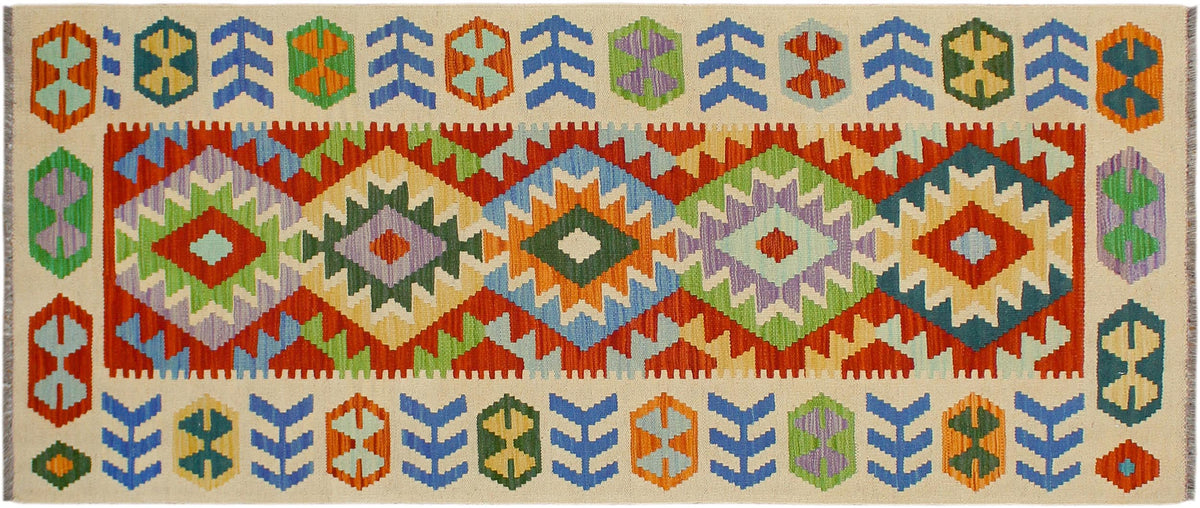 handmade Geometric Kilim Rust Beige Hand-Woven RUNNER 100% WOOL area rug 3' x 7'