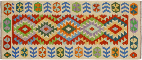 handmade Geometric Kilim Rust Beige Hand-Woven RUNNER 100% WOOL area rug 3' x 7'