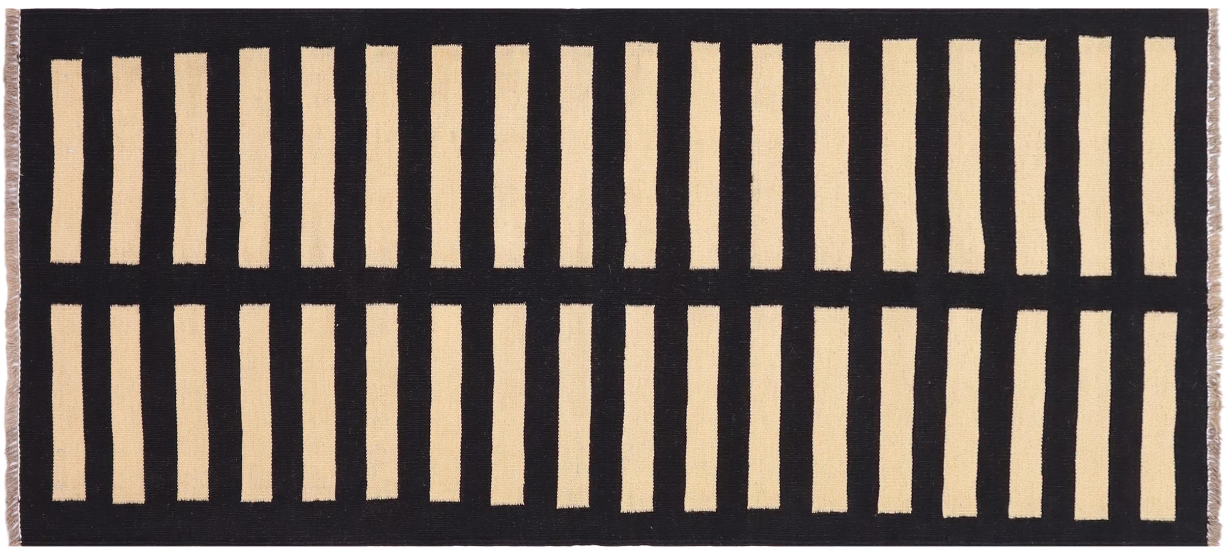 handmade Modern Kilim Black Beige Hand-Woven RUNNER 100% WOOL area rug 3 x 6