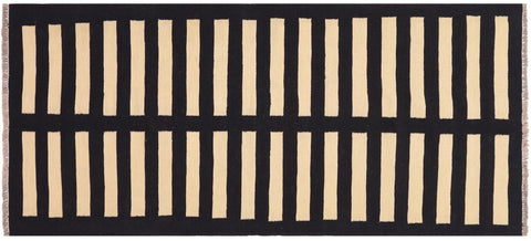 handmade Modern Kilim Black Beige Hand-Woven RUNNER 100% WOOL area rug 3 x 6
