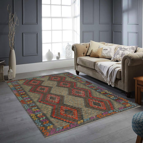 handmade Geometric Kilim Red Charcoal Hand-Woven RECTANGLE 100% WOOL area rug 6 x 8