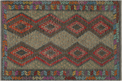 handmade Geometric Kilim Red Charcoal Hand-Woven RECTANGLE 100% WOOL area rug 6 x 8