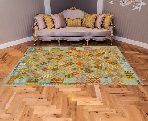 handmade Geometric Kilim Orange Blue Hand-Woven RECTANGLE 100% WOOL area rug 6 x 8