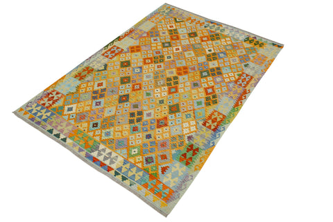 handmade Geometric Kilim Orange Blue Hand-Woven RECTANGLE 100% WOOL area rug 6 x 8