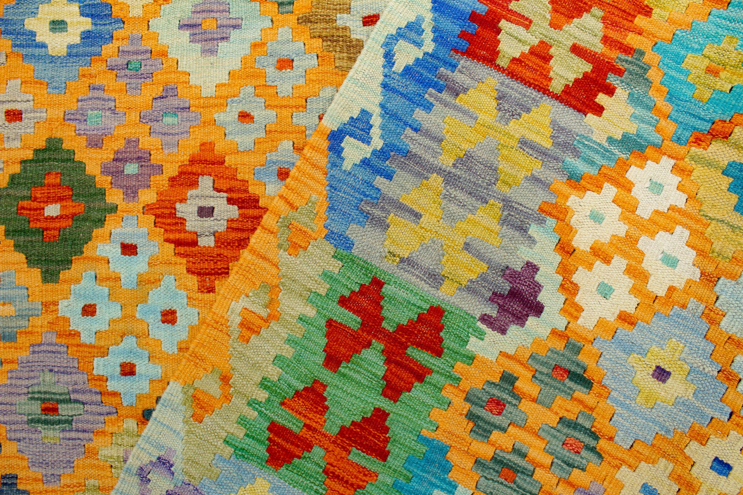 handmade Geometric Kilim Orange Blue Hand-Woven RECTANGLE 100% WOOL area rug 6 x 8