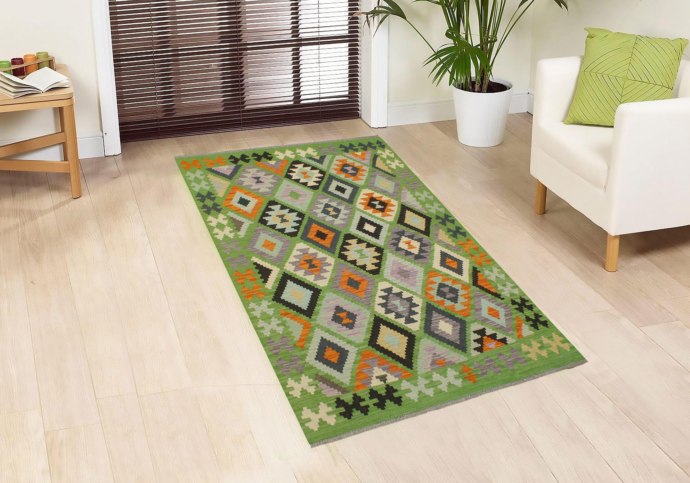 handmade Geometric Kilim Green Blue Hand-Woven RECTANGLE 100% WOOL area rug 4 x 6