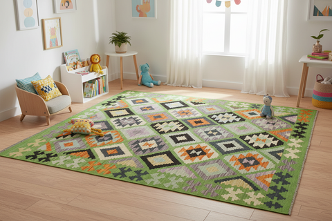 handmade Geometric Kilim Green Blue Hand-Woven RECTANGLE 100% WOOL area rug 4 x 6